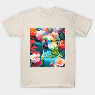 Petal Perch Parakeet, Parakeet in front of vibrant floral background T-Shirt